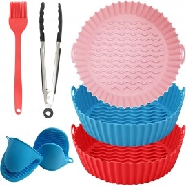 3 Air Fryer Silicone Liners and 3 Air Fryer Accessories - 7.5 inch (3-5 Qt+) Food Grade Reusable Silicone Baskets/Pots/Liners with Oven Mitts, Basting Brush and Tongs