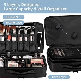 Travel Makeup Train Case Professional Makeup Case 16" Large Capacity Cosmetic Case Make up Brush Organizer Portable Artist Storage Bag with Adjustable Dividers and shoulder strap Black