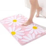 Pink Bathroom Rugs Cute Daisy Bath Mat White and Yellow Flower Decor Rug Non Slip Floor Carpet Microfiber Bathmat Super Absorbent Machine Washable Bahtub Mats for Shower, Tub, Bedroom 16"x 24"