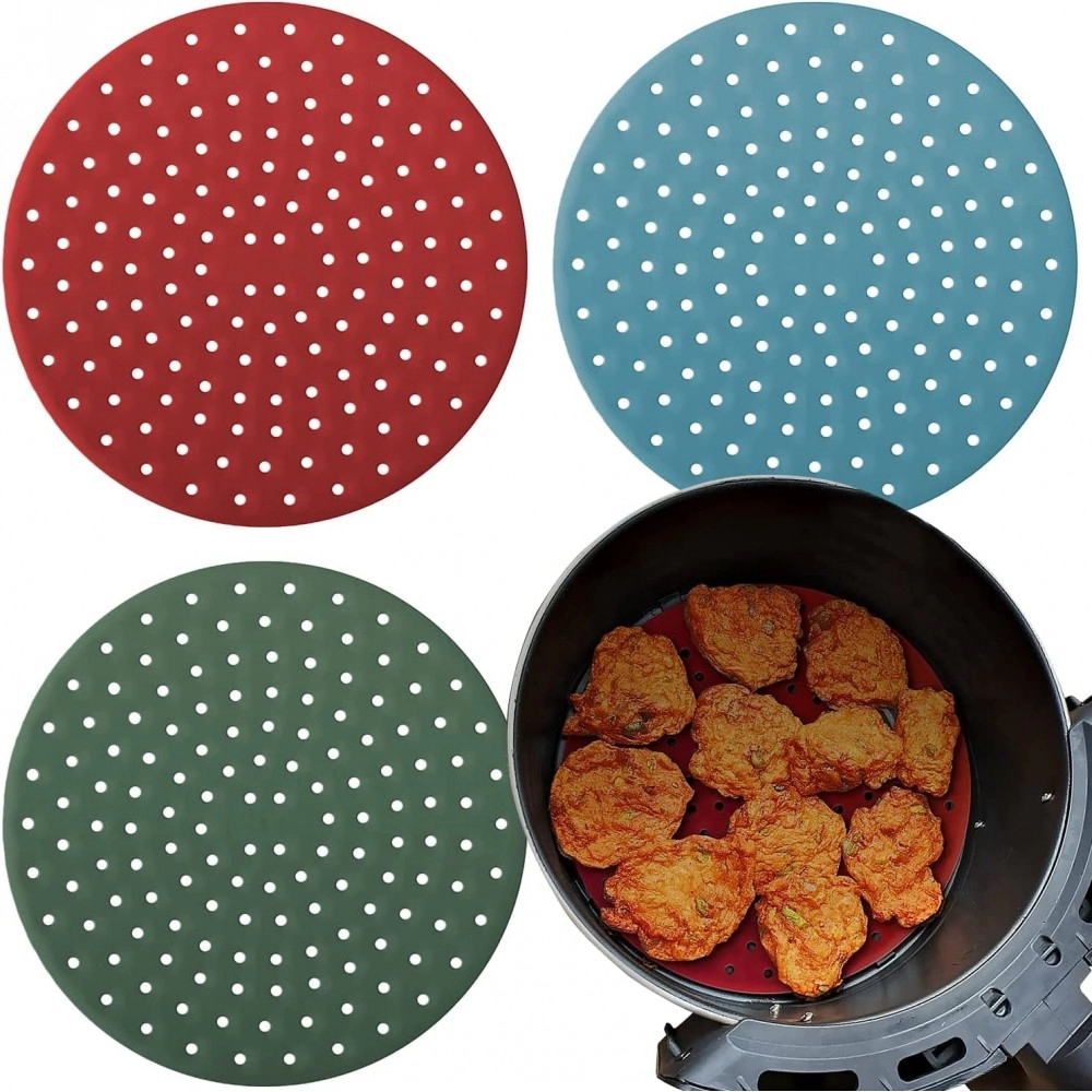 Reusable Silicone Air Fryer Liners (3 Pack) - Non Stick Easy Clean Air Fryer Liners Reusable Mats Air Fryer Accessories Includes Cheat Sheet And Recipe Book (Round (8 Inches))